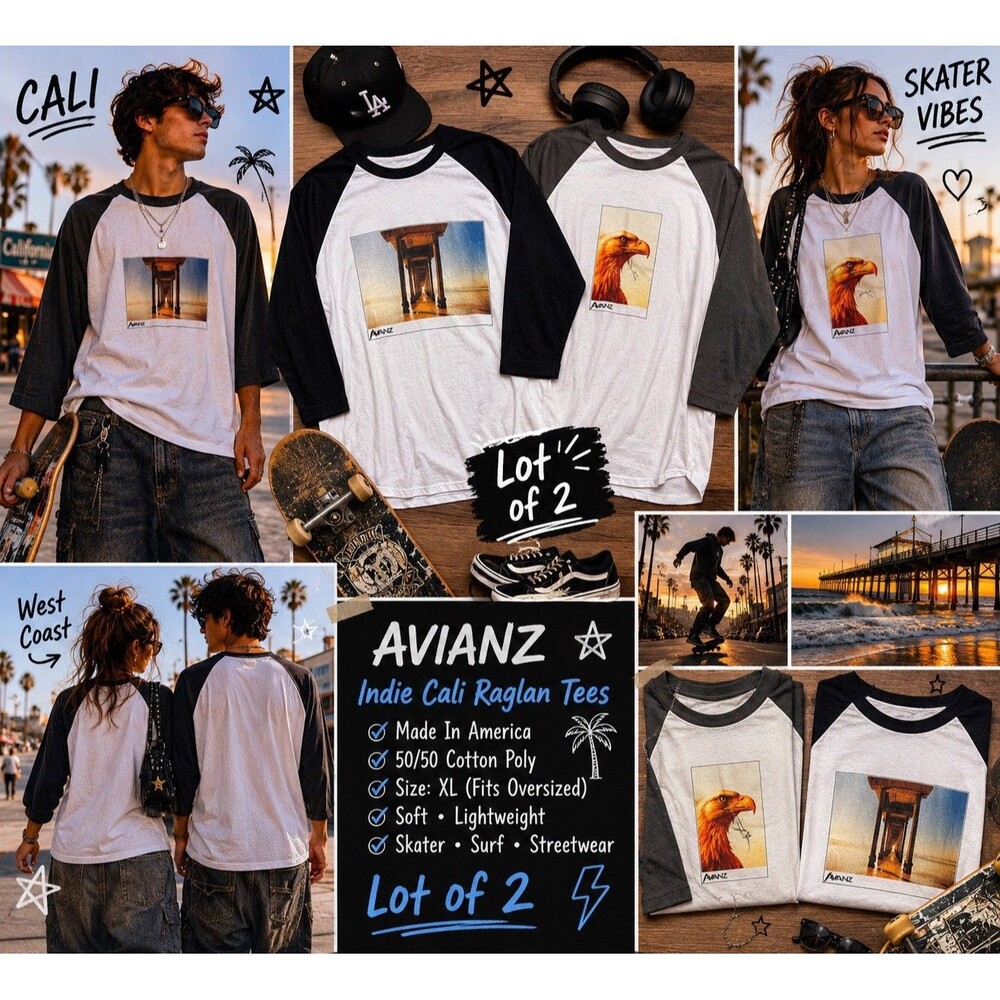 Avianz Cali Skater Surf Raglan 2 Shirts XL Indie Streetwear photography Graphics